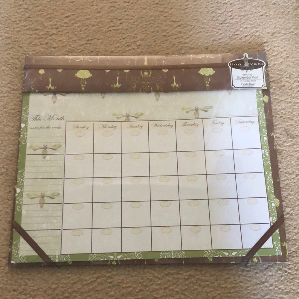 NWT Tina Givens Desk Top Calendar w/ 15 monthly sheets Green & Brown w/ Bees
